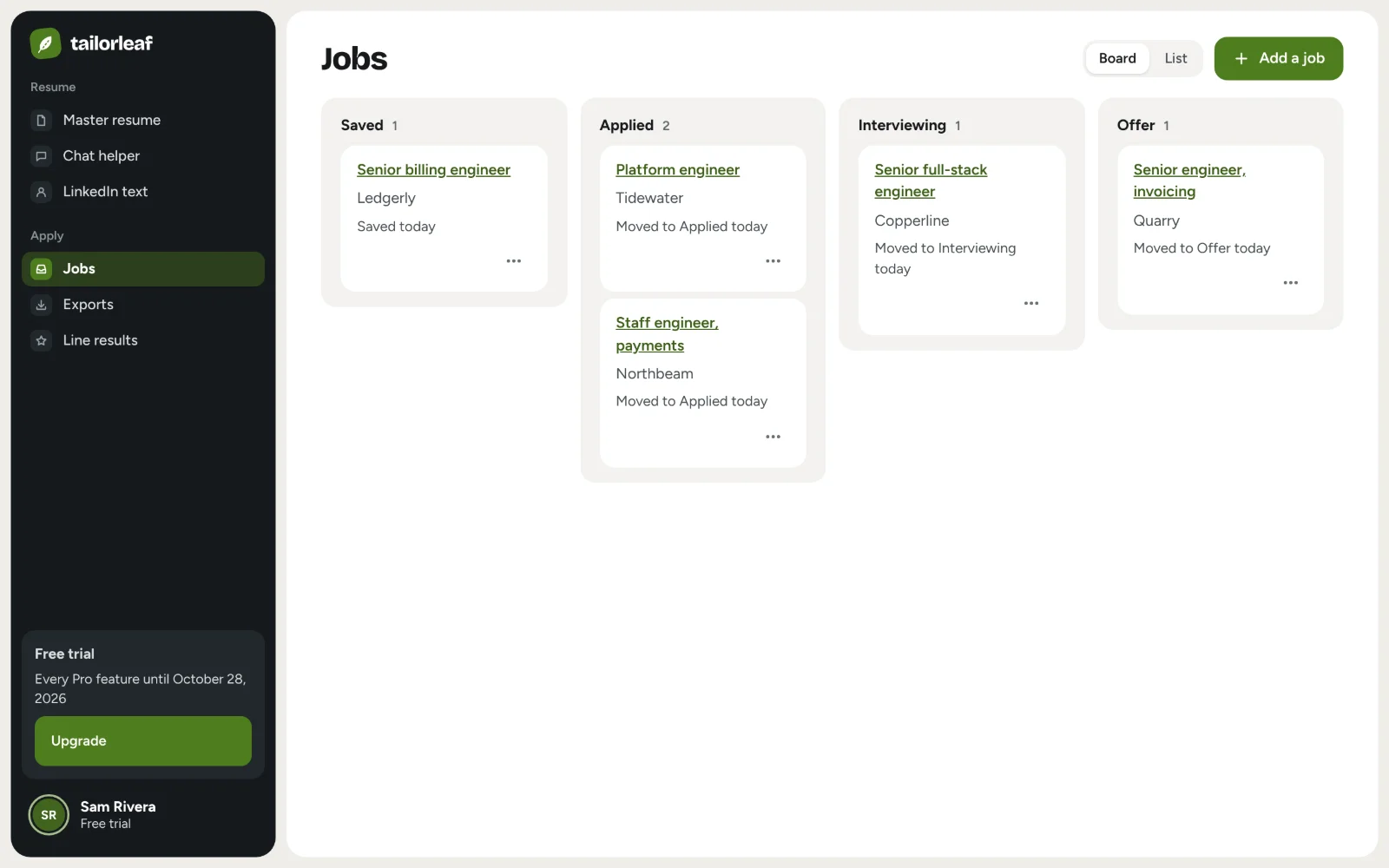The job tracker board with columns for saved, applied, interviewing and offer, each holding job cards.