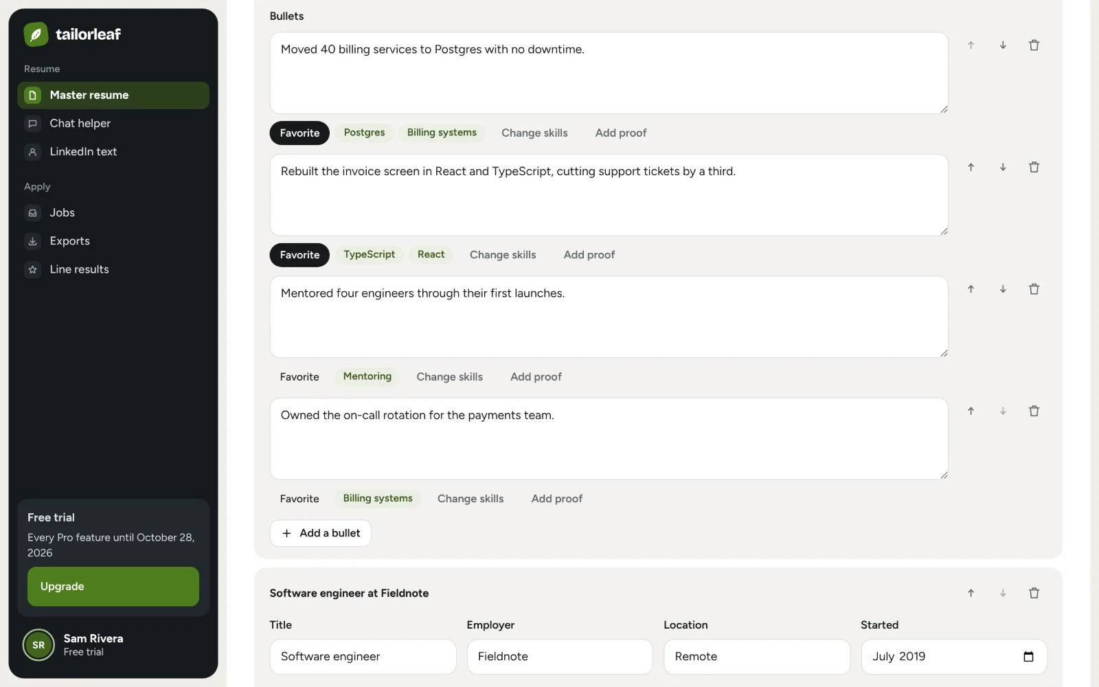 The master resume editor: bullets for one job, each tagged with the skills it shows, two starred as favorites.