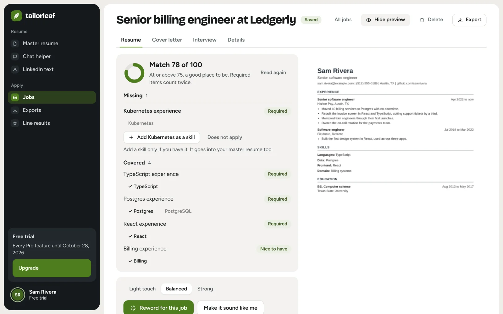 A tailored resume for a billing engineer job: a match of 78 of 100, Kubernetes listed as missing, four requirements covered, and the printed page beside it.